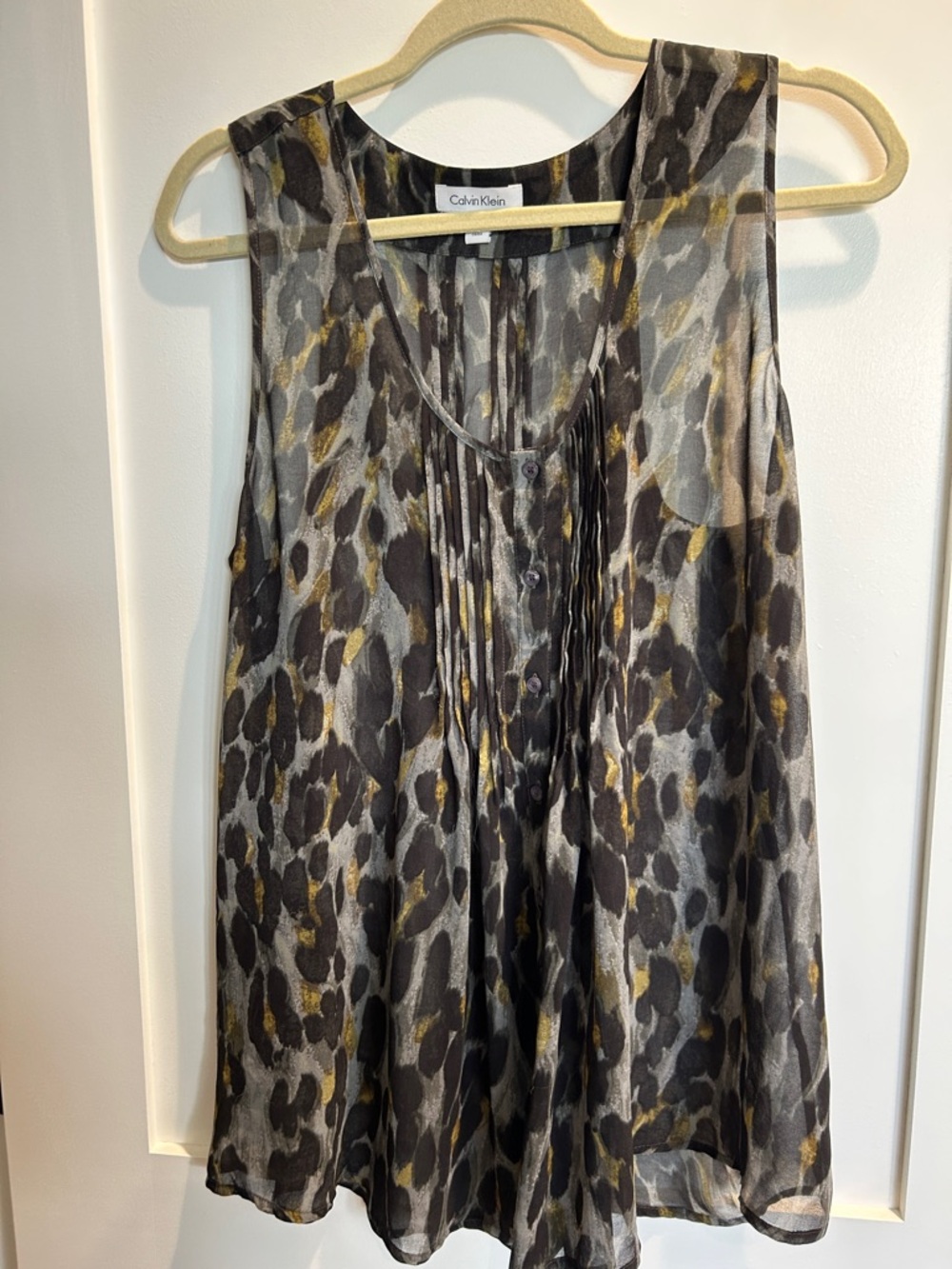 Calvin Klein Leopard Print Sleeveless Top in Gray, Black & Gold Accent